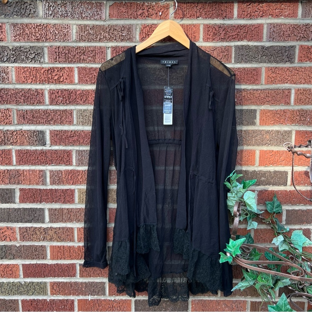 Tribal Black Mesh and Floral Lace Hem Transparent Cardigan - Picture 1 of 7